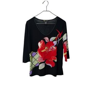 Valentina women size medium Black Floral Print Rhinestone V Neck 3/4 Sleeve Top